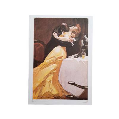Vintage Postkarte „Der Kuss“ von Ferdinand Reznicek – Werbung Distelhäuserbrauerei, unbeschrieben