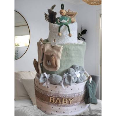 Windeltorte Boho Stil hellbraun – personalisiert & neutral für Mädchen und Jungen