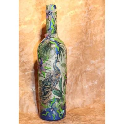 Dekoflasche PFAU Acrylfarben und Serviettentechnik auf einer Flasche Geschenk Muttertag Wohndeko Upcycling Unikat