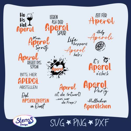 Plotterdatei Aperol Sprüche Set 1 – 14 lustige SVG DXF PNG Designs für Untersetzer & Partydeko