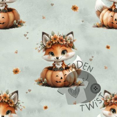 Stoff Meterware - Fuchs, Kürbis, Halloween, Herbst, Blumen, Herzen - Exklusive Eigenproduktion