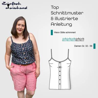 Schnittmuster Damen Träger Top Größe 32 - 56 mit rundem Ausschnitt, V-Ausschnitt