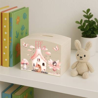 Spardose aus Holz für Kinder personalisiert - Motiv "Elfenheim"
