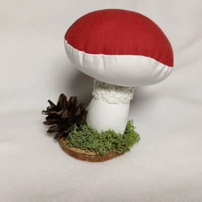 Pilz auf Astscheibe, Deco, Baumwollstoff, Herbstdekoration, Jahreszeitentisch, ca. 11 cm