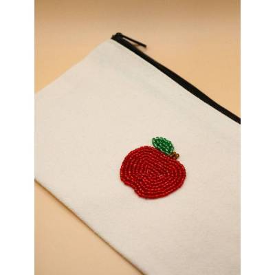 Täschchen aus Stoff mit Reißverschluss Perlenbestickt Apfel - rote und grüne Glasperlen ca. 21cm x 11cm