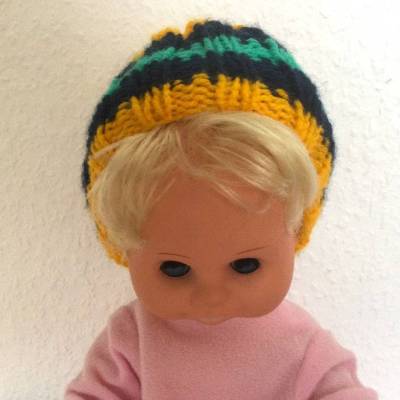 Puppenmütze in Gelb, Blau und  Türkis handgestrickt von Hobbyhaus