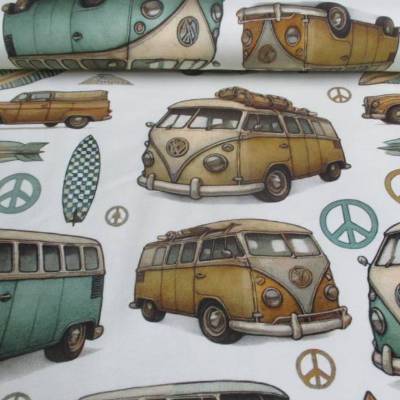 Jersey Hippie Bulli Bus, Surfer  creme-bunt Oeko-Tex Standard 100(1m/15,-€)