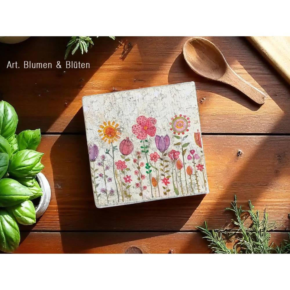 DekoFliese Untersetzer aus Travertin, BLUMEN & BLÜTEN, Tischdeko handgemacht mit Vintage Motiven im Landhausstil kaufen