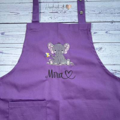 Kinder Schürze mit Elefant und Namen bestickt I Backschürze Mädchen personalisiert I Kochschürze I Malschürze