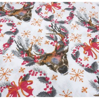 Stoff Baumwolle Popeline mit Hirsche Herzen Trachten Design weiß braun grau rot orange Kleiderstoff Blusenstoff Dekostof