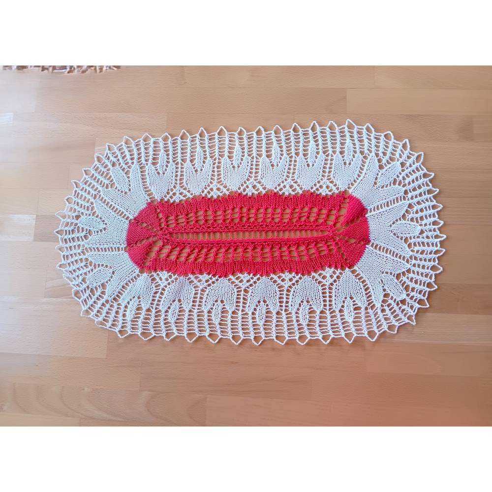 Tischläufer Häkeldeckchen Gestricktes Zierdeckchen 56 x 31 oval rot weiß Vintage