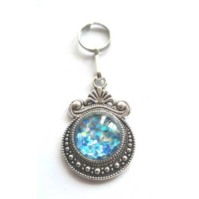 Ziertropfen mit Glitzer Cabochon – Schlüßelanhänger & Zieher-Helfer in Altsilber Aqua Hell