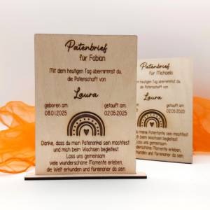 Patenbrief aus Holz, Patenkind, Baby Geburt, Taufe, Geschenk, personalisiert, individuell, Holzkarte, Paten Fragen
