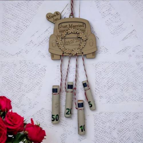 Personalisiertes Hochzeitsauto aus Holz – Geldgeschenk mit Namen & Datum | Kreatives Hochzeitsgeschenk Mr & Mrs.