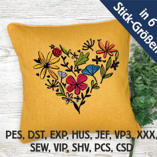 Stickdatei Blumenherz in 6 Größen, Maschinenstickerei, Stickmuster mit Blumen Motiv