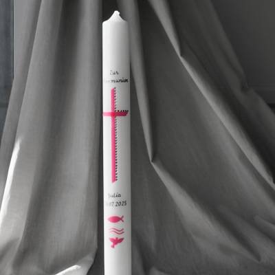Taufkerzen Kommunionkerzen Konfirmationskerzen Hochzeitskerzen für Mädchen mit Kreuz Fisch Strasssteinen fuchsia