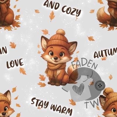 Stoff Meterware - Fuchs, Kürbis, Halloween, Herbst, Stay Warm and Cozy, Herzen - Exklusive Eigenproduktion