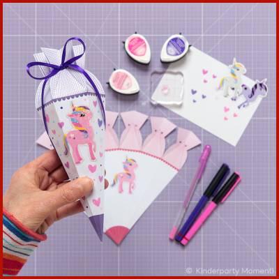 Fünf Vorlagen für Mini Schultüten in Lila, Rosa & Pink