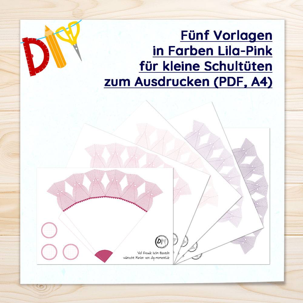 Fünf Vorlagen für Mini Schultüten in Lila, Rosa & Pink Bild 6