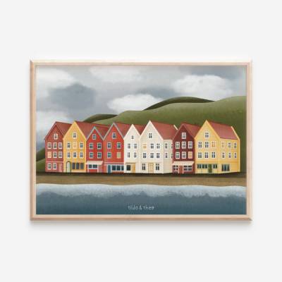 Poster Norwegen Häuser in Bergen Reise Kunstdruck Skandinavien - Norwegische Häuser Straße - Wanddeko Norden Haus