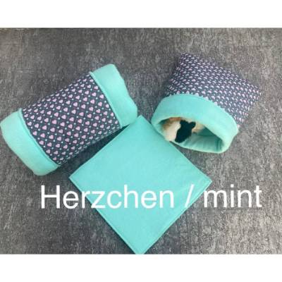 Set Kuschel-Tunnel / Kuschel-Sack inkl. PipiPad Meerschweinchen "Herzchen mint"