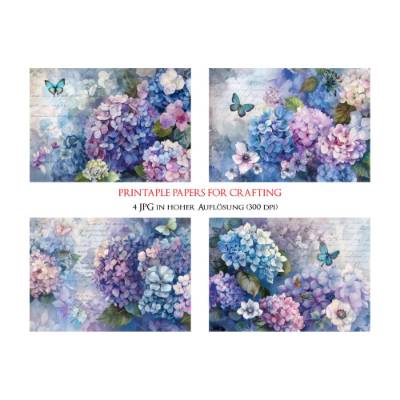4 florale Vintage Grafiken zum Download - 4 JPG Dateien, 300 dpi - Hortensie - Hydrangea - 600005