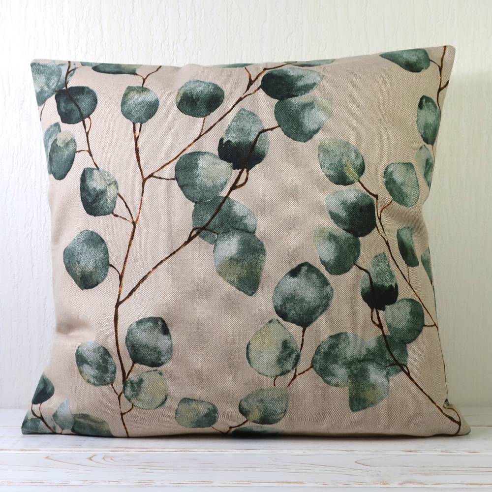 Kissenhülle Eukalyptus beige grün – Baumwolle Sofakissen 40x40 cm natur