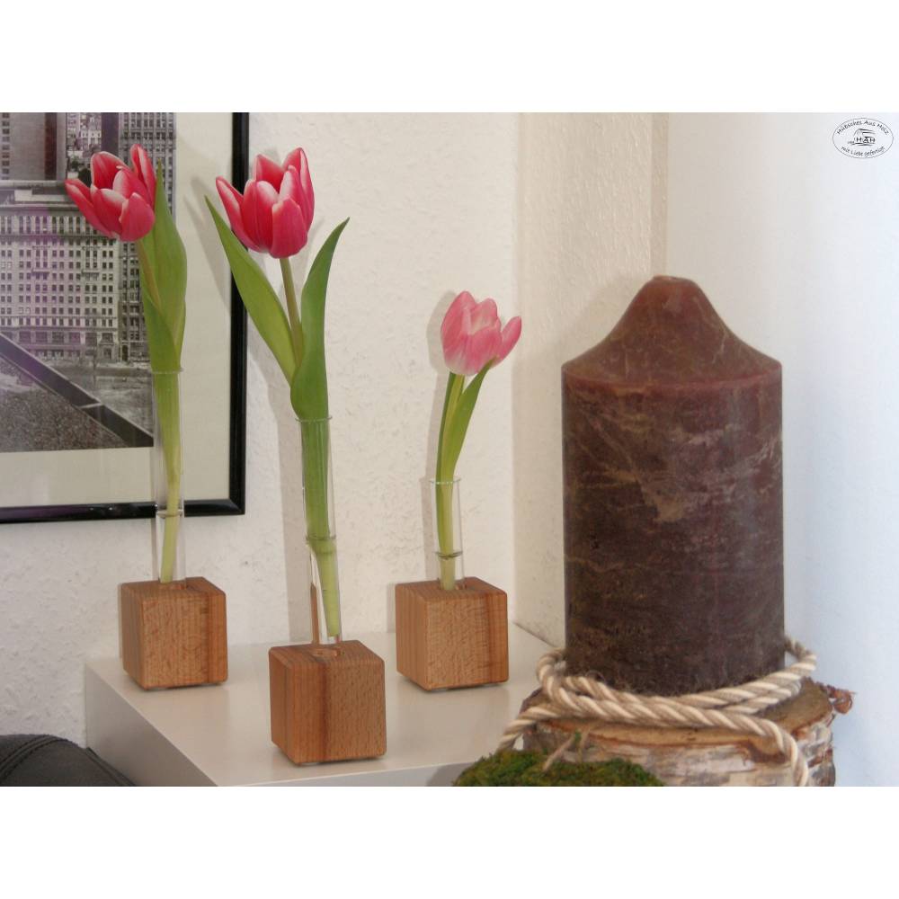 Holzvase, 3er-Set / Blumenvasen aus Holz mit Reagenzgläsern, „eckig“, natur