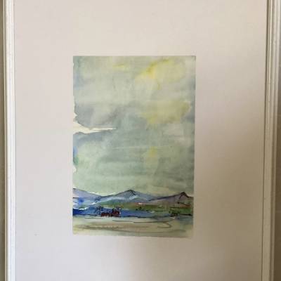 Kleines Aquarellbild Landschaft gerahmt – Berge & See, 14,5 x 21,5 cm, ca. 1985