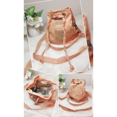 Bucket Bag "Orange / Blumen" Jeans-Upcycling / Jeans Beuteltasche / Handtasche aus Jeans mit Jeans-Kordelzug 