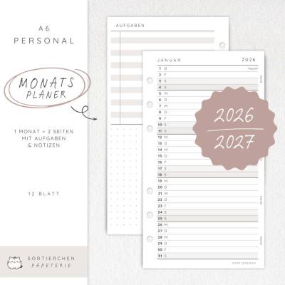 Kalendarium 2026 / 2027 A6 Personal | 12 Monate | Monatsübersicht mit Aufgabenliste & Feiertagswahl