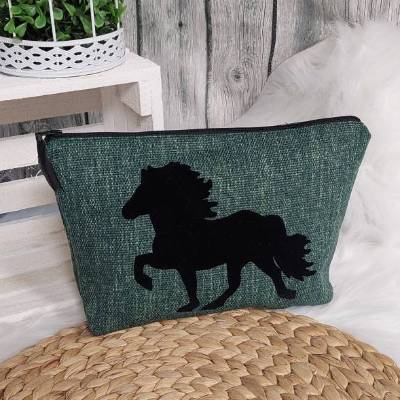 Kosmetiktasche M (Farbbeispiel dunkelgrün), Aufdruck Isländer, Polstercanvas in 36 Farben