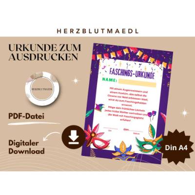 Faschingsurkunde für den Kinderfasching als Mitgebsel | Urkunde Fasching | A4 | Urkunden ausdrucken | Kinderparty |
