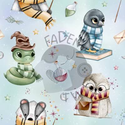 Stoff, Meterware - House of Magic, Magie, Zauberschule, Zauberer, Schlange, Eule, Dachs, Rabe - Eigenproduktion
