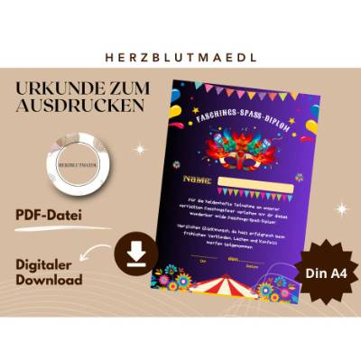 Faschingsurkunde für den Kinderfasching als Mitgebsel | Urkunde Fasching | A4 | Urkunden ausdrucken | Kinderparty | 