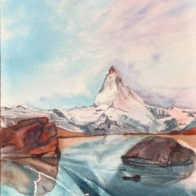 Original Aquarellbild "Stille am Matterhorn" handgemalt | Landschaftsbild | Berg Panorama | Wanddekoration