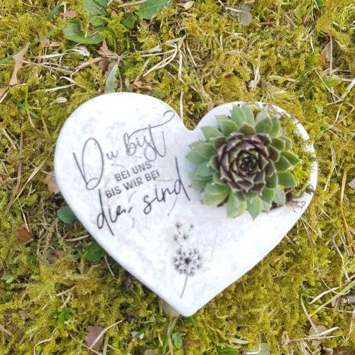 Bepflanztes Herz aus Beton mit Schriftzug Grabschmuck Trauer Grabgesteck Grabherz