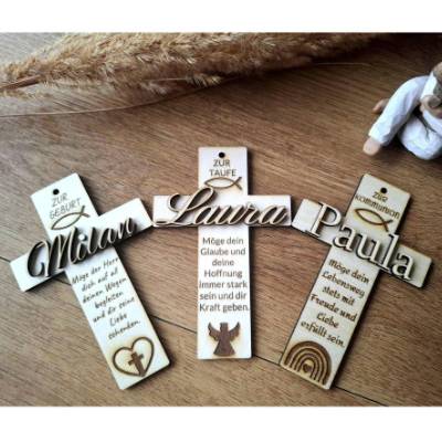Personalisiertes Holzkreuz mit Name | 3D Kreuz zur Taufe, Geburt, Kommunion | Geschenk Kind | Holzdeko religiös