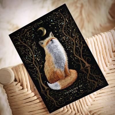 Fuchs Postkarte - Thinking of You - mit Goldfoliendruck – Liebevolle Grüße mit einem Hauch Magie