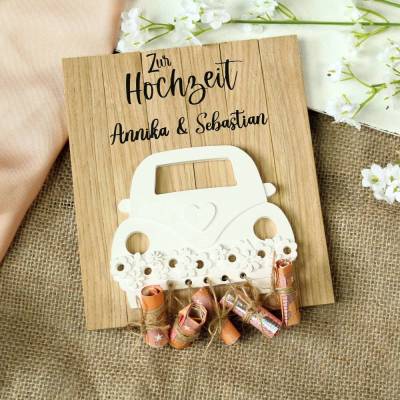 Personalisiertes Geldgeschenk Hochzeit – Holzbild Auto mit Namen & Wunschtext