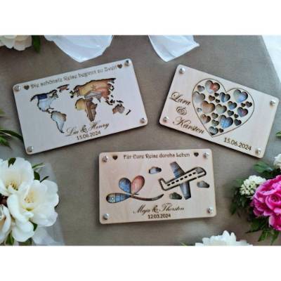 Hochzeit - personalisiertes Geldgeschenk aus Holz mit Lasergravur – Weltkarte, Herzen oder Flugzeug – Hochzeit & Ge