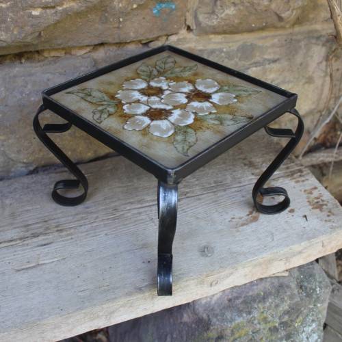 Vintage Blumenhocker 70er Jahre Schmiedeeisen Fliese Blumendekor