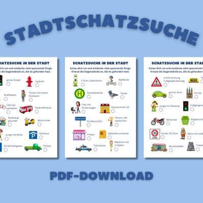 Stadt Schatzsuche / Schatzsuche in der Stadt für Kinder ab 4 Jahren zum Ausdrucken, Suchspiel für Stadt Spaziergänge