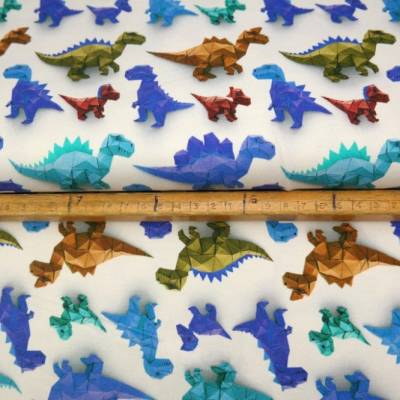 weißer Jersey mit blauen und braunen Dinos Dino Dinosaurier Origami Falttechnik 50 x 150 cm Nähen Stoff ♕