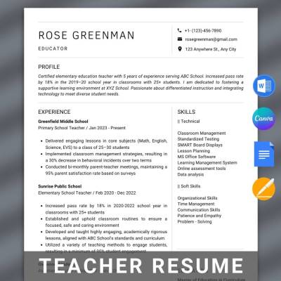 Professionelle Teacher Resume Vorlage – MS Word, Google Docs, Pages + Cover Letter