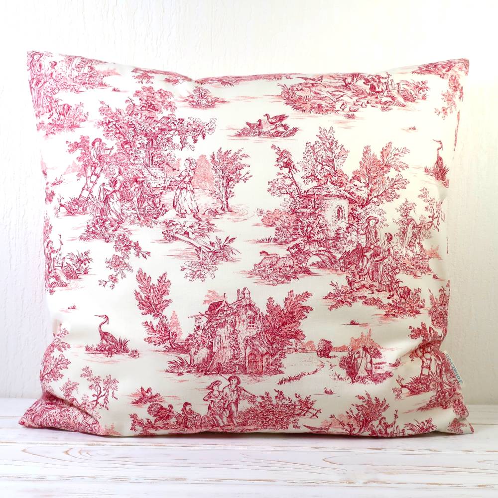 Kissenbezug Toile de Jouy rot – 40x40 cm – französischer Vintage Landhausstil
