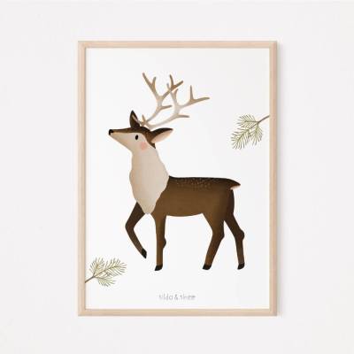 Poster Rentier Norwegen Winter - Hirsch Kinderposter Skandinavien - Weihnachten Poster Rentiere - Poster Norwegische 