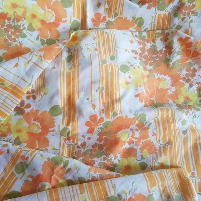 Vintage Bettbezug 70er Jahre orange mit Kissen & Bettlaken – Blumenmuster, 140x200, 80x80, 152x246