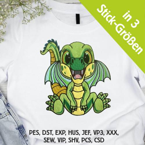 Stickdatei Applikation Drache Flip in 3 Größen, Maschinenstickerei, Stickmuster mit Tiermotiv