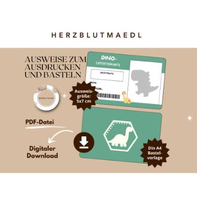 Dino Ausweis Bastelvorlage – Perfekt für Dino Kindergeburtstage oder Dinopartys - digitaler Download A4
